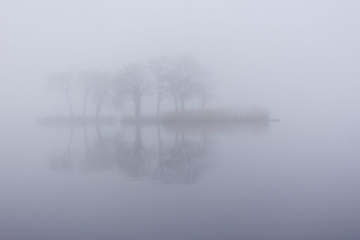 Eilandjes in de mist, reeuwijkse plassen.